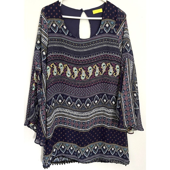 Dee Elle Dress/Tunic Womens S Blue/Purple Boho Paisley Bell Sleeve Crochet Trim - Picture 1 of 14